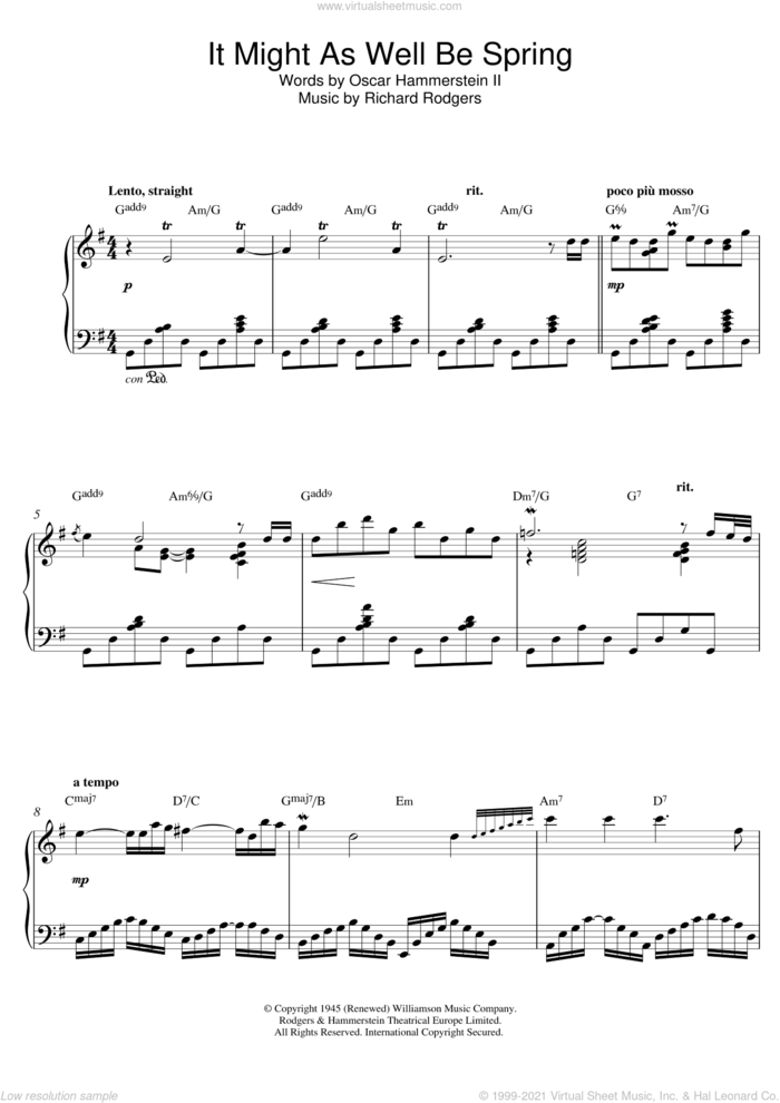 It Might As Well Be Spring (from 'State Fair') sheet music for piano solo by George Shearing and Richard Rodgers, intermediate skill level