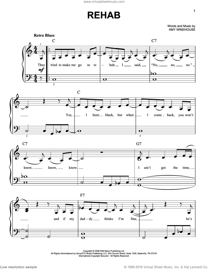 Rehab sheet music for piano solo by Amy Winehouse, easy skill level