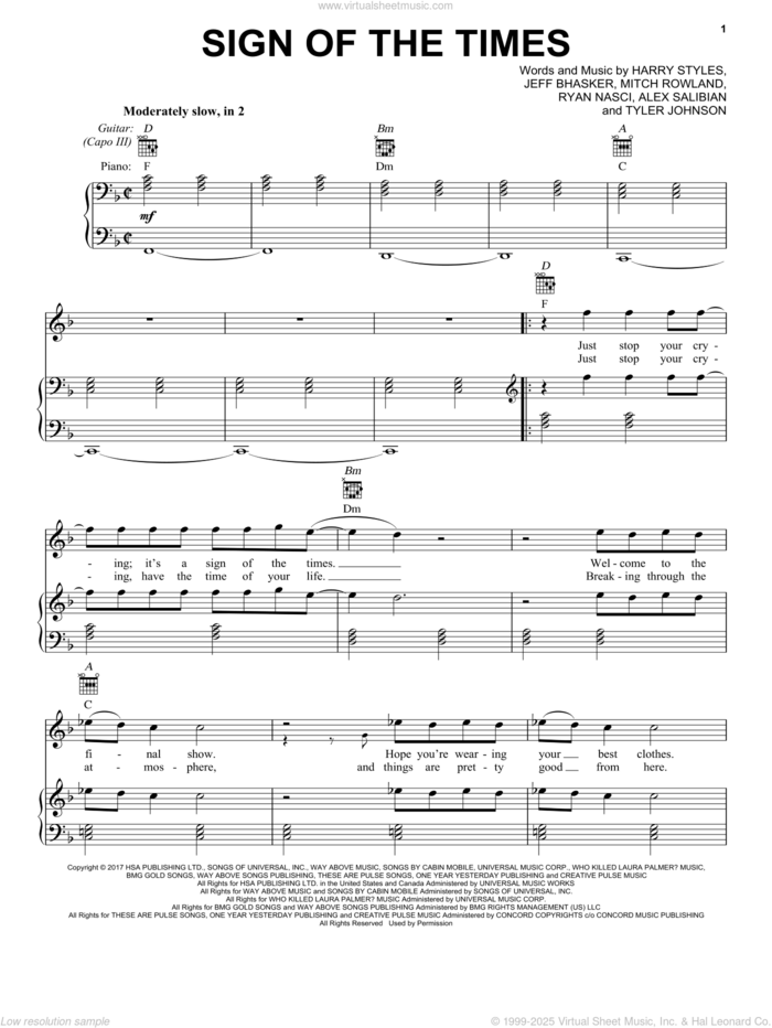 Sign Of The Times sheet music for voice, piano or guitar by Harry Styles, Alex Salibian, Jeffrey Bhasker, Mitch Rowland, Ryan Nasci and Tyler Johnson, intermediate skill level