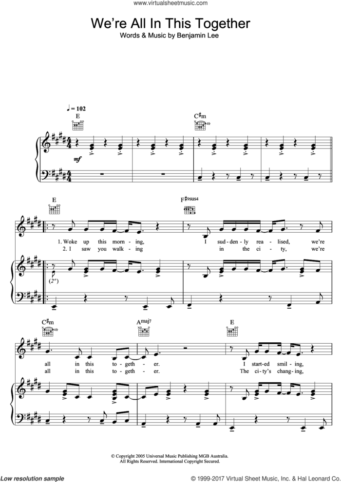 We're All In This Together sheet music for voice, piano or guitar by Ben Lee and Benjamin Lee, intermediate skill level
