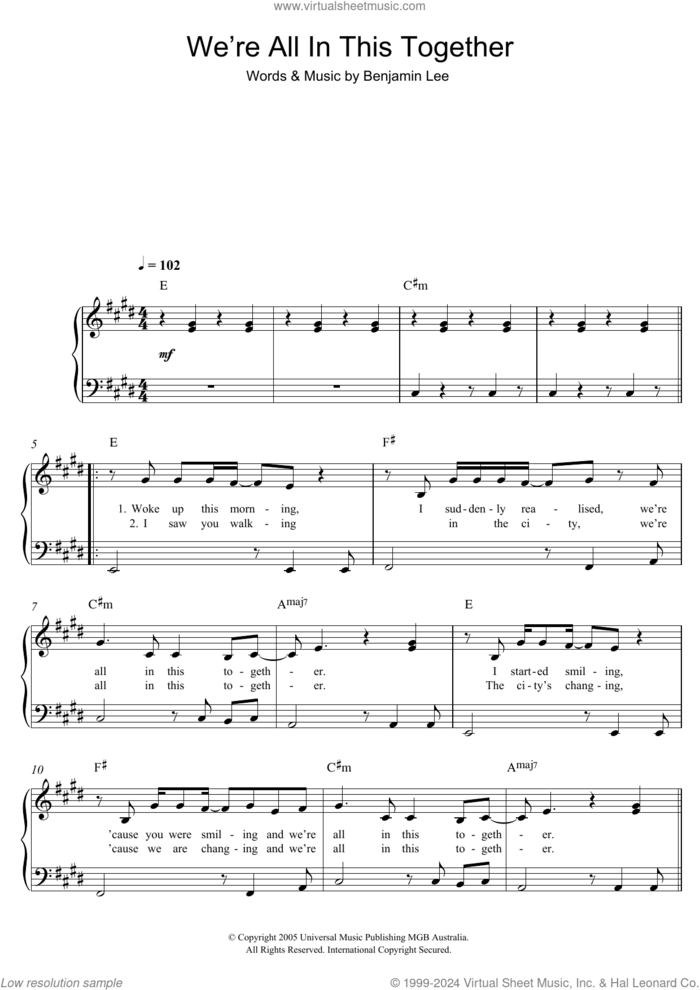 We're All In This Together sheet music for piano solo by Ben Lee and Benjamin Lee, easy skill level