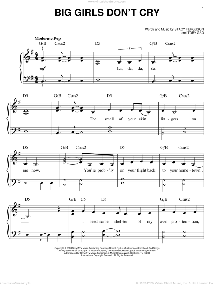 Big Girls Don't Cry sheet music for piano solo by Fergie, Stacy Ferguson and Toby Gad, easy skill level