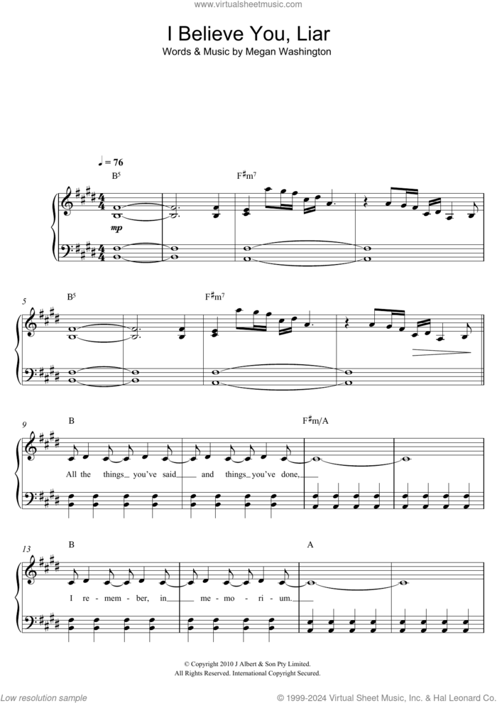 I Believe You Liar sheet music for piano solo by Washington and Megan Washington, easy skill level