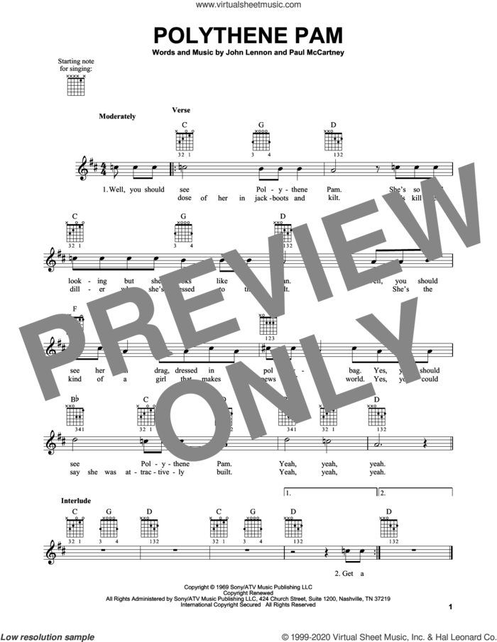 Polythene Pam sheet music for guitar solo (chords) by The Beatles, John Lennon and Paul McCartney, easy guitar (chords)