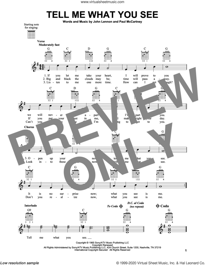 Tell Me What You See sheet music for guitar solo (chords) by The Beatles, John Lennon and Paul McCartney, easy guitar (chords)