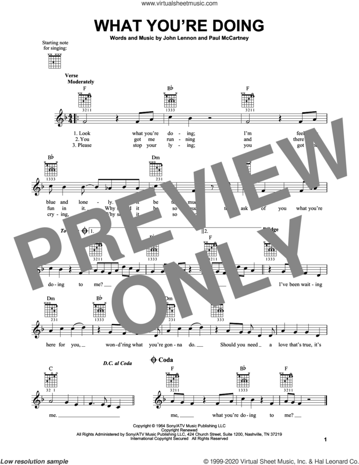 What You're Doing sheet music for guitar solo (chords) by The Beatles, John Lennon and Paul McCartney, easy guitar (chords)