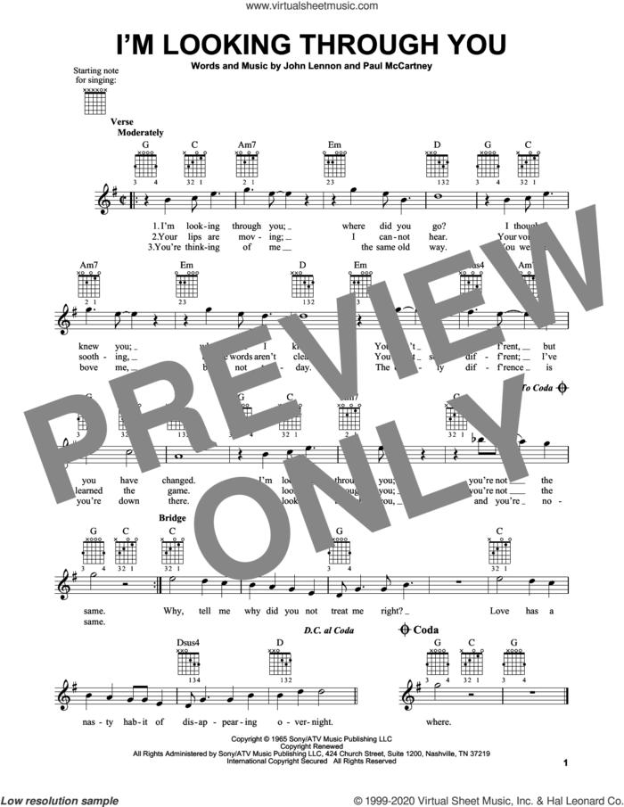 I'm Looking Through You sheet music for guitar solo (chords) by The Beatles, John Lennon and Paul McCartney, easy guitar (chords)