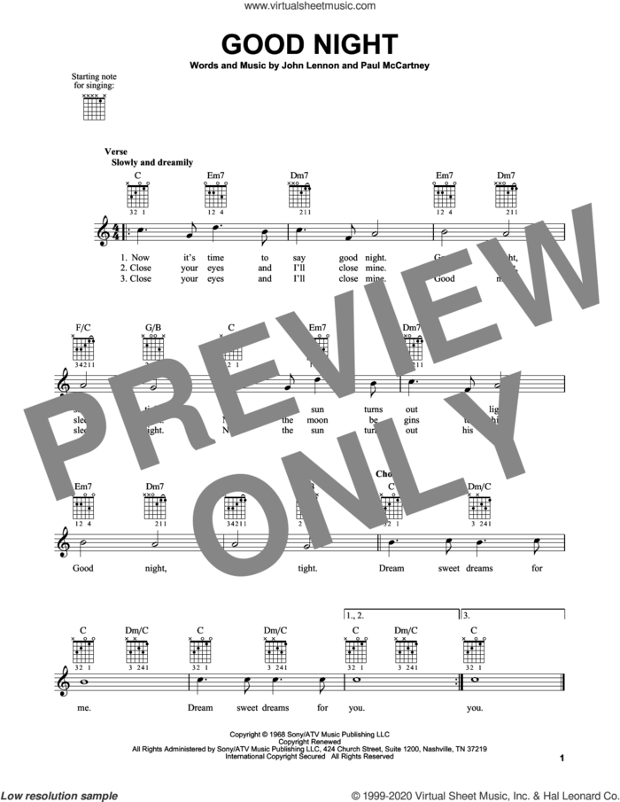 Good Night sheet music for guitar solo (chords) by The Beatles, John Lennon and Paul McCartney, easy guitar (chords)