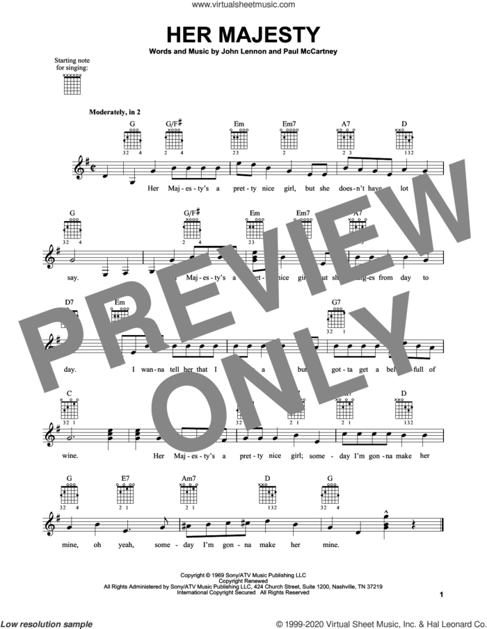 Her Majesty sheet music for guitar solo (chords) by The Beatles, John Lennon and Paul McCartney, easy guitar (chords)