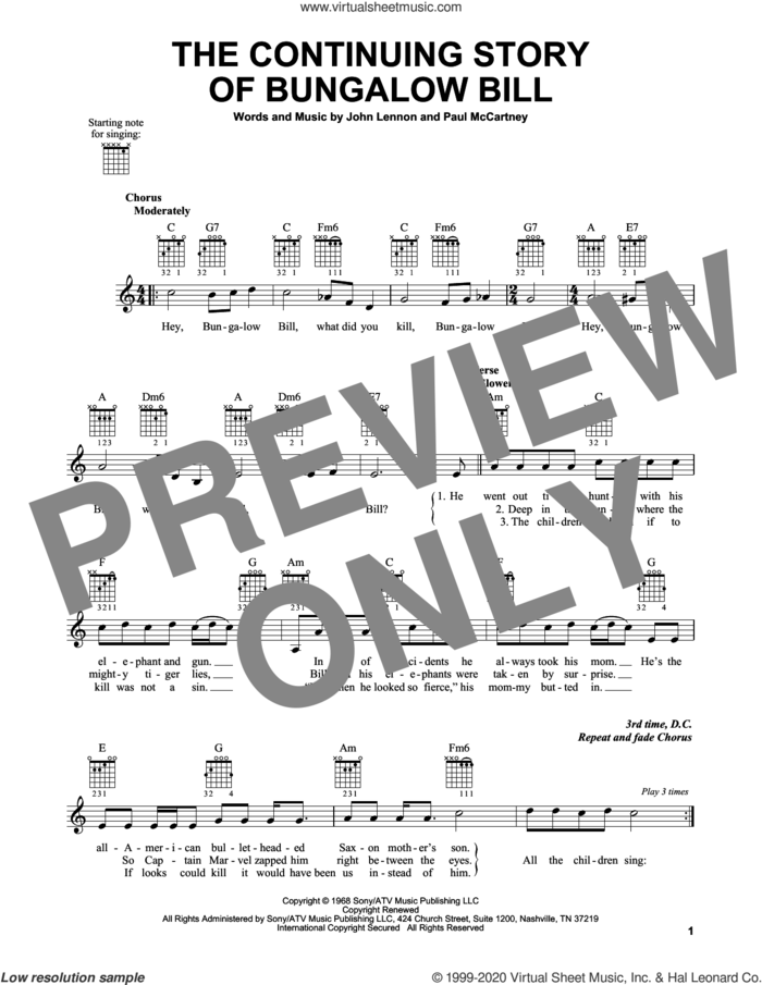The Continuing Story Of Bungalow Bill sheet music for guitar solo (chords) by The Beatles, John Lennon and Paul McCartney, easy guitar (chords)