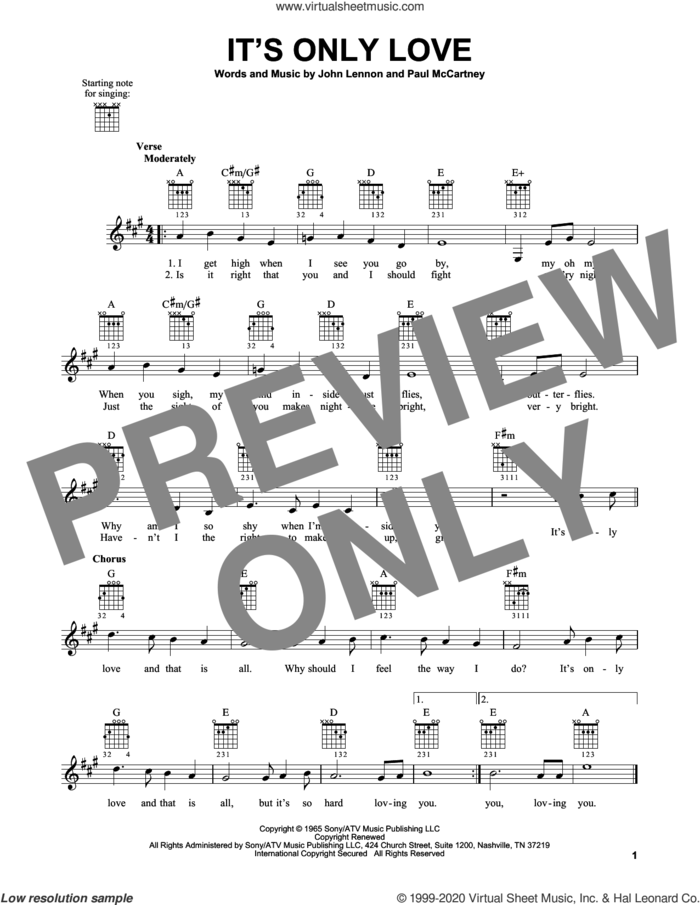 It's Only Love sheet music for guitar solo (chords) by The Beatles, John Lennon and Paul McCartney, easy guitar (chords)
