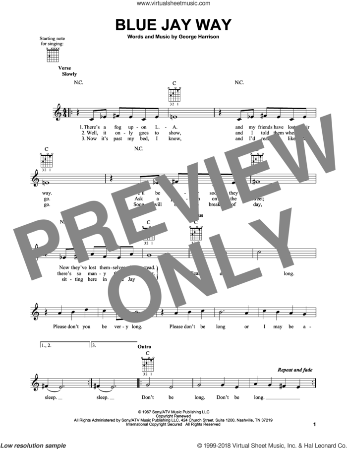 Blue Jay Way sheet music for guitar solo (chords) by The Beatles and George Harrison, easy guitar (chords)