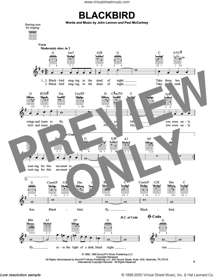 Blackbird sheet music for guitar solo (chords) by The Beatles, John Lennon and Paul McCartney, easy guitar (chords)