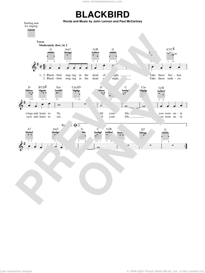 Blackbird sheet music for guitar solo (chords) by The Beatles, John Lennon and Paul McCartney, easy guitar (chords)