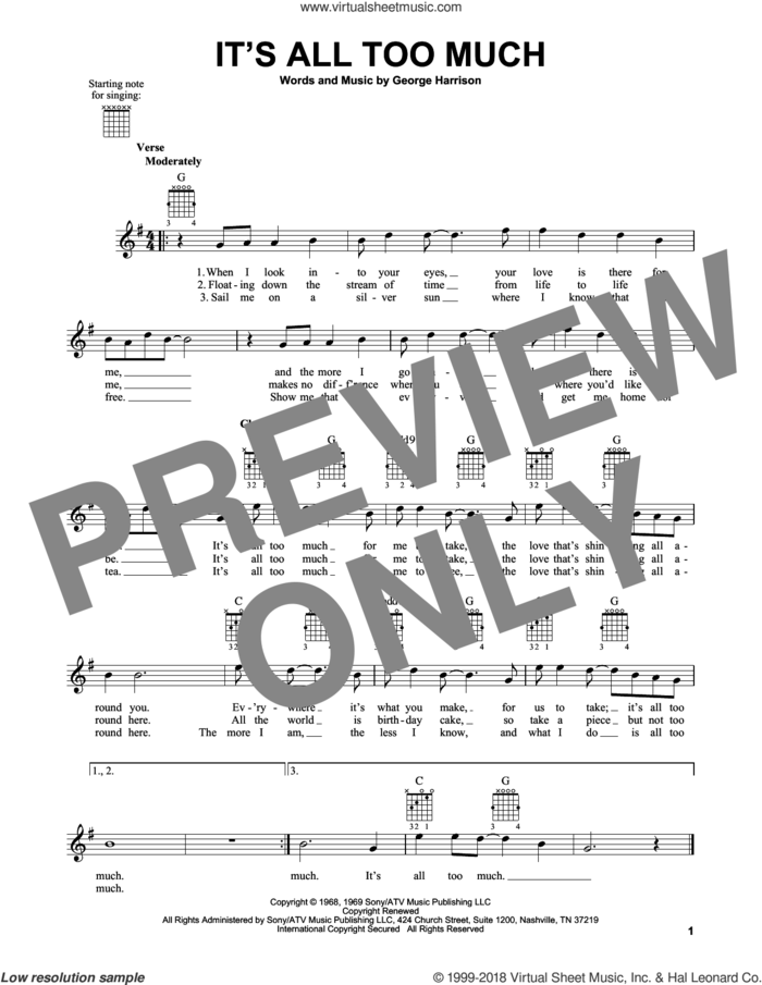 It's All Too Much sheet music for guitar solo (chords) by The Beatles and George Harrison, easy guitar (chords)
