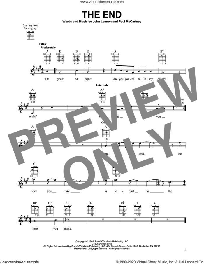 The End sheet music for guitar solo (chords) by The Beatles, John Lennon and Paul McCartney, easy guitar (chords)