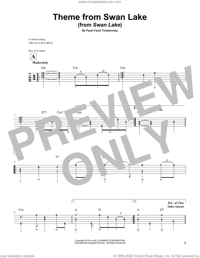 Theme From Swan Lake sheet music for banjo solo by Pyotr Ilyich Tchaikovsky, classical score, intermediate skill level