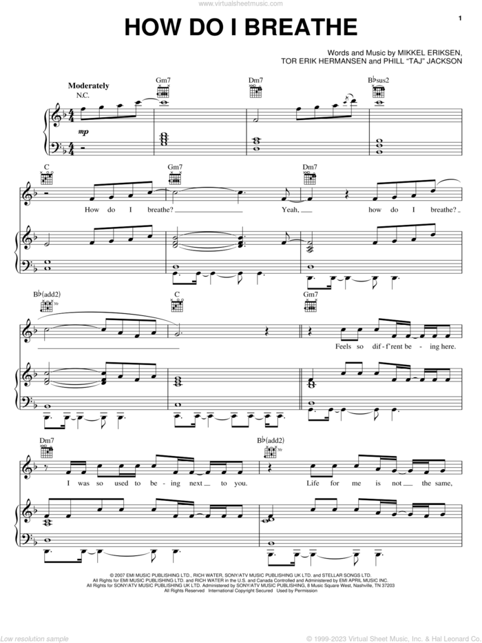 How Do I Breathe sheet music for voice, piano or guitar by Mario, Mikkel Eriksen, Phill 'Taj' Jackson and Tor Erik Hermansen, intermediate skill level