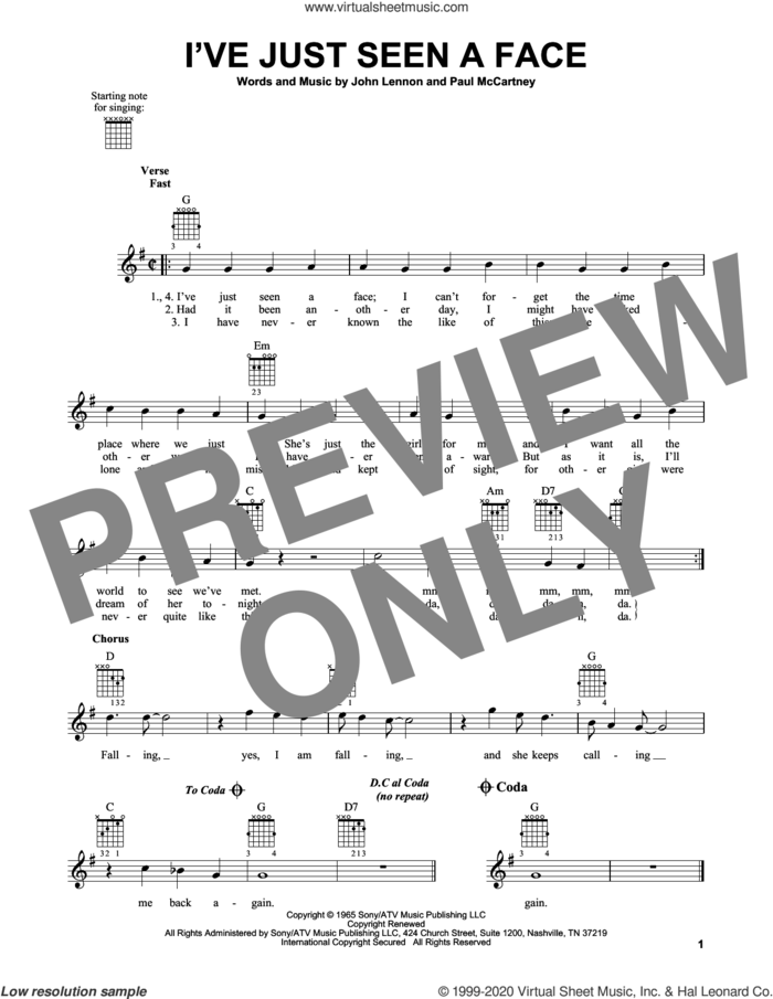 I've Just Seen A Face sheet music for guitar solo (chords) by The Beatles, John Lennon and Paul McCartney, easy guitar (chords)