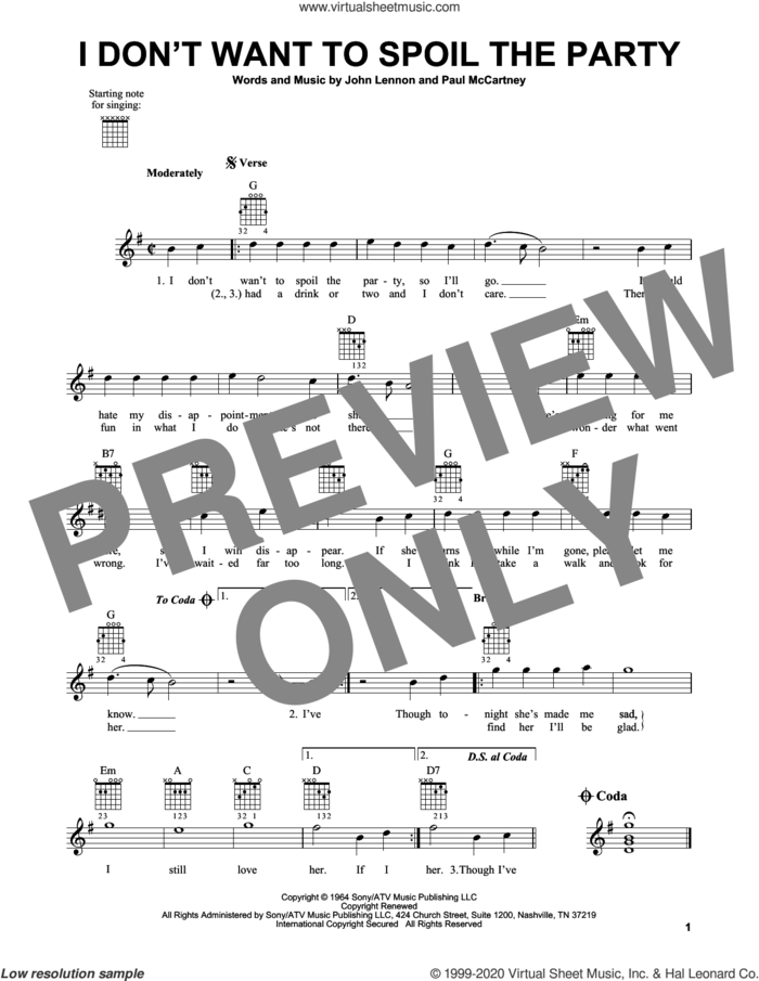 I Don't Want To Spoil The Party sheet music for guitar solo (chords) by The Beatles, Rosanne Cash, John Lennon and Paul McCartney, easy guitar (chords)