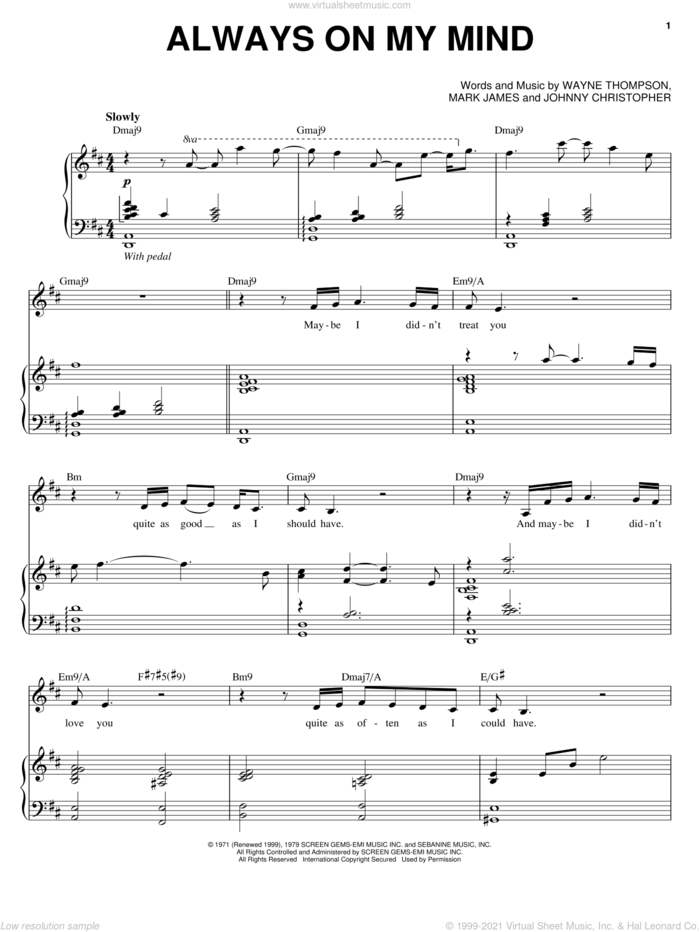 Always On My Mind sheet music for voice and piano by Michael Buble, Elvis Presley, Willie Nelson, Johnny Christopher, Mark James and Wayne Thompson, intermediate skill level