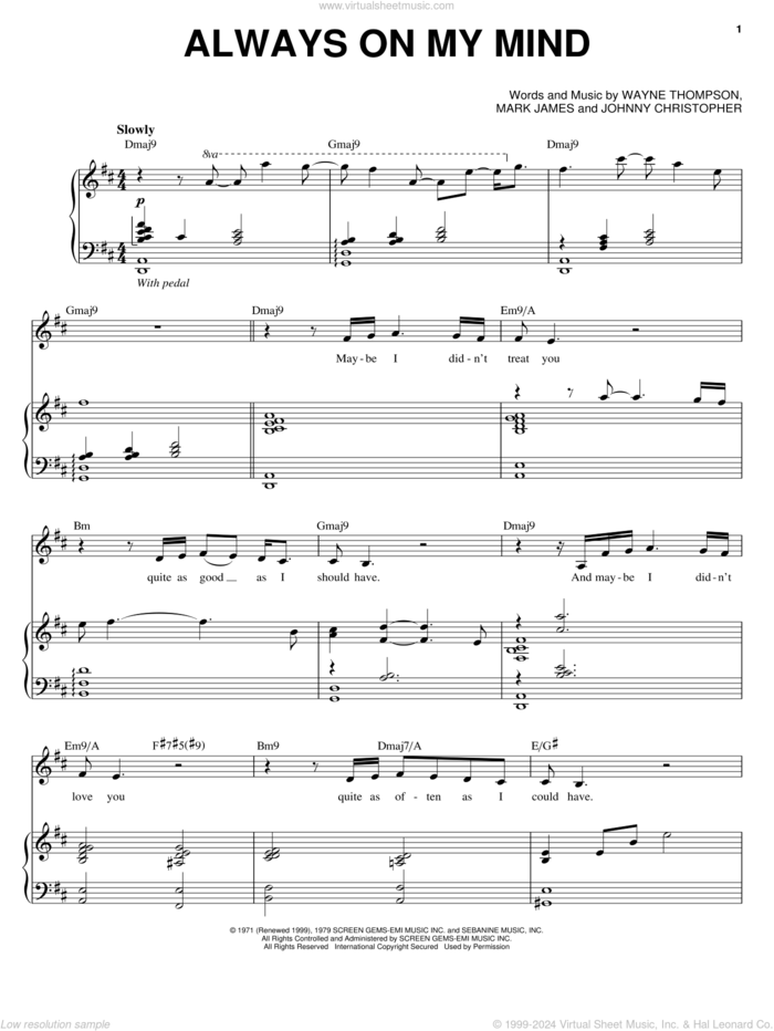 Always On My Mind sheet music for voice and piano by Michael Buble, Elvis Presley, Willie Nelson, Johnny Christopher, Mark James and Wayne Thompson, intermediate skill level