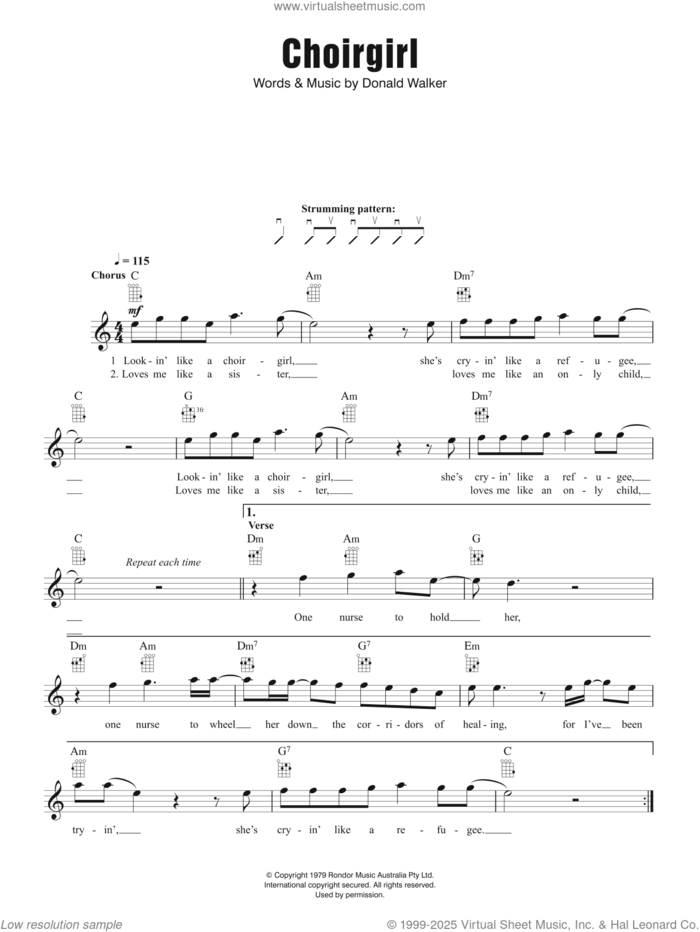 Choirgirl sheet music for ukulele by Cold Chisel and Donald Walker, intermediate skill level