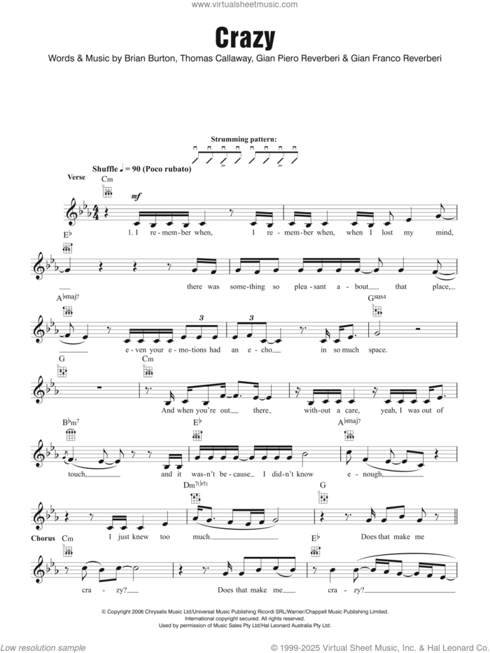 Crazy sheet music for ukulele by Kate Noonan, Brian Burton, Gian Piero Reverberi, Gianfranco Reverberi and Thomas Callaway, intermediate skill level