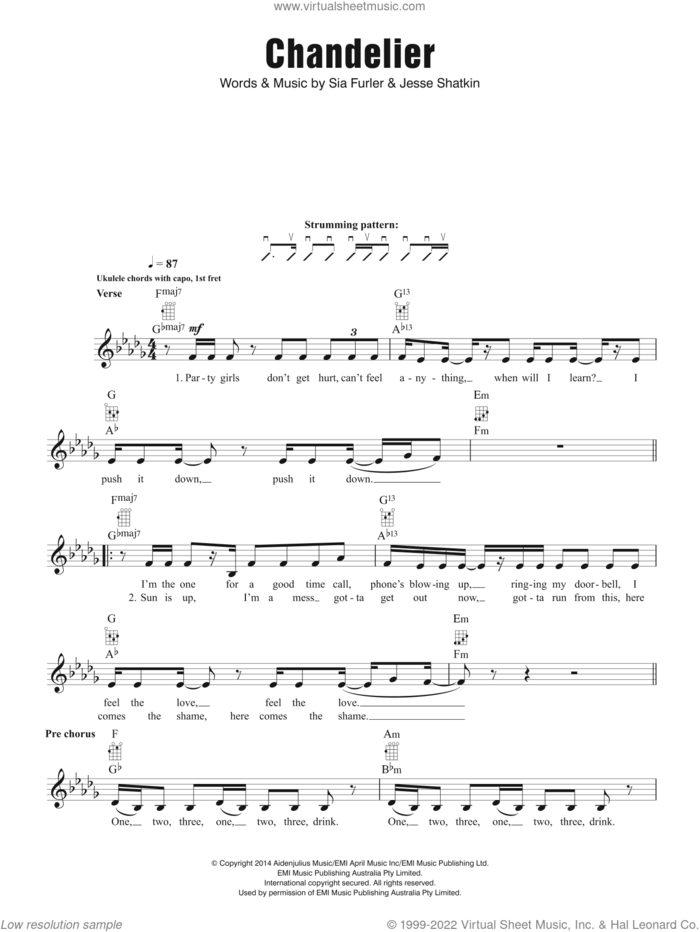 Chandelier sheet music for ukulele by Sia, Jesse Shatkin and Sia Furler, intermediate skill level