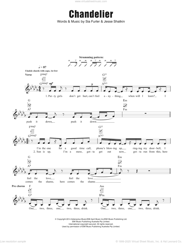 Chandelier sheet music for ukulele by Sia, Jesse Shatkin and Sia Furler, intermediate skill level