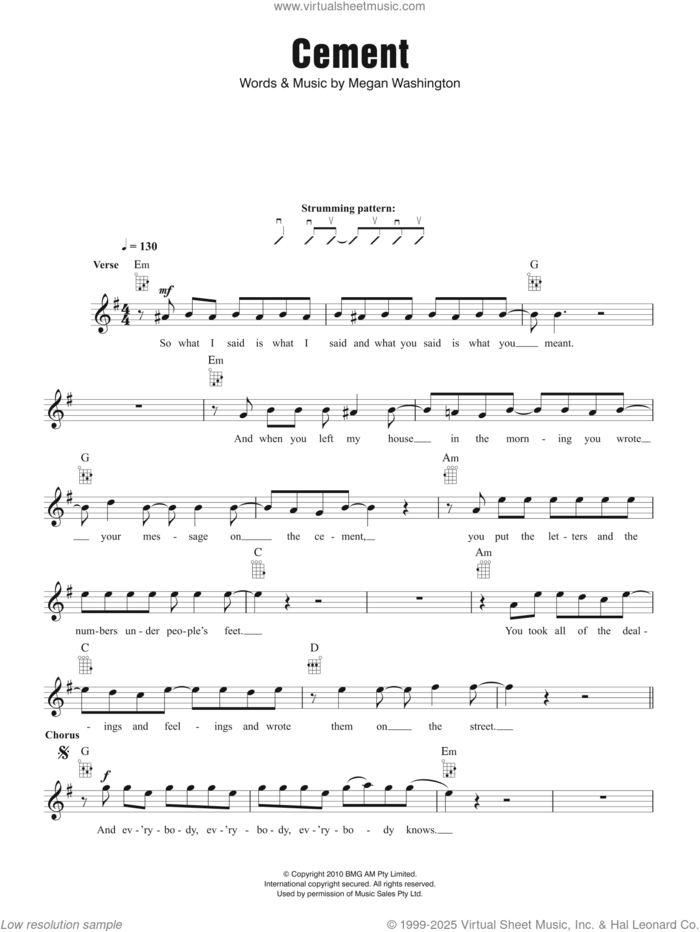 Cement sheet music for ukulele by Megan Washington, intermediate skill level