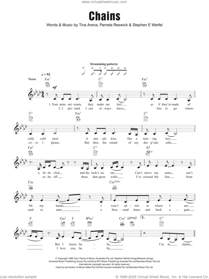 Chains sheet music for ukulele by Tina Arena, Pamela Reswick and Steve Werfel, intermediate skill level