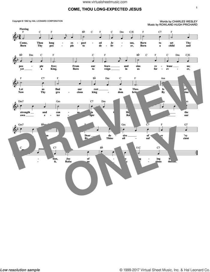 Come, Thou Long-Expected Jesus sheet music for voice and other instruments (fake book) by Charles Wesley and Rowland Prichard, intermediate skill level