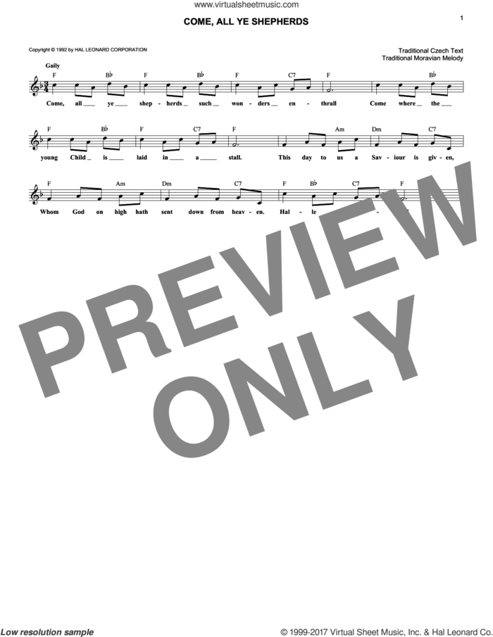 Come, All Ye Shepherds sheet music for voice and other instruments (fake book), intermediate skill level