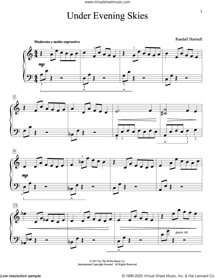 Under Evening Skies sheet music for piano solo (elementary) by Randall Hartsell, beginner piano (elementary)