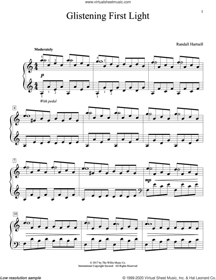 Glistening First Light sheet music for piano solo (elementary) by Randall Hartsell, beginner piano (elementary)