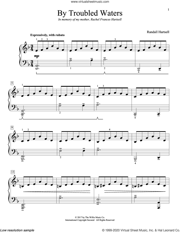 By Troubled Waters sheet music for piano solo (elementary) by Randall Hartsell, beginner piano (elementary)