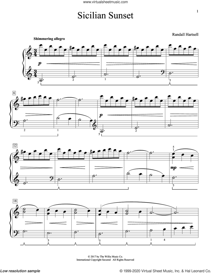 Sicilian Sunset sheet music for piano solo (elementary) by Randall Hartsell, beginner piano (elementary)