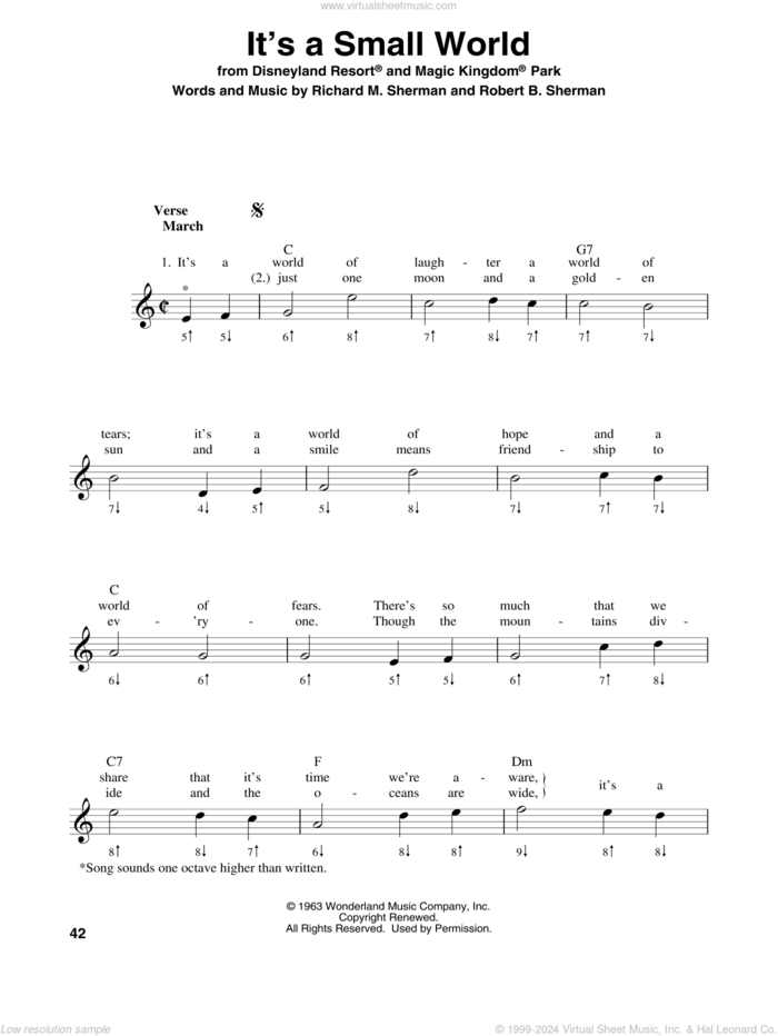 It's A Small World sheet music for harmonica solo by Sherman Brothers, Richard M. Sherman and Robert B. Sherman, intermediate skill level