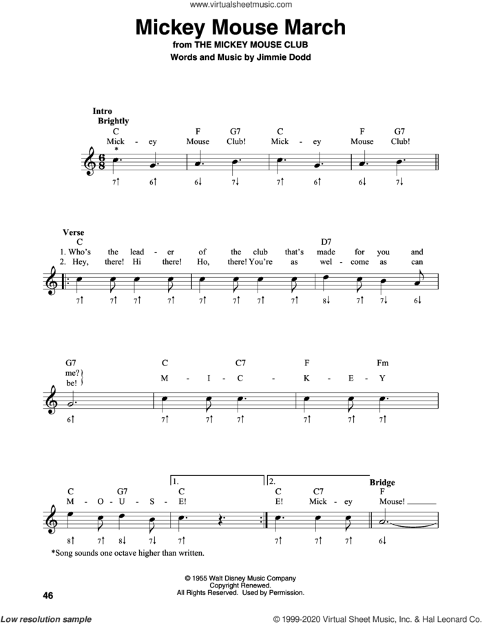 Mickey Mouse March (from The Mickey Mouse Club) sheet music for harmonica solo by Jimmie Dodd, intermediate skill level