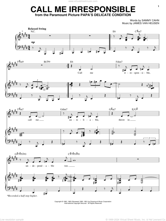 Call Me Irresponsible sheet music for voice and piano by Michael Buble, Dinah Washington, Frank Sinatra, Jack Jones, Jimmy van Heusen and Sammy Cahn, intermediate skill level