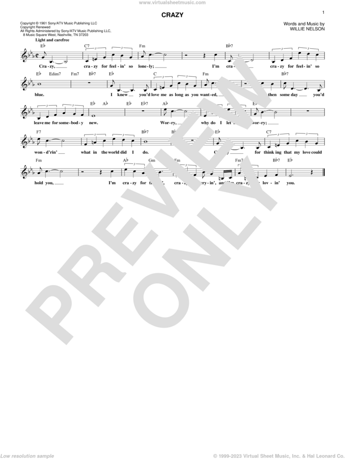 Crazy sheet music for voice and other instruments (fake book) by Willie Nelson and Patsy Cline, intermediate skill level