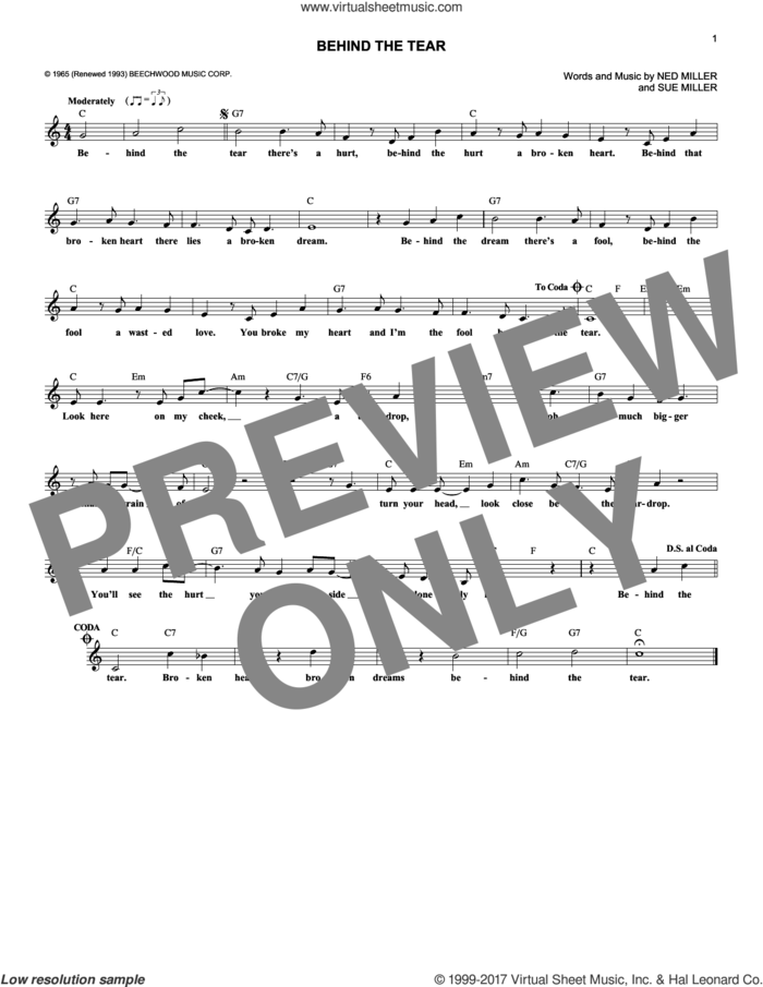Behind The Tear sheet music for voice and other instruments (fake book) by Sonny James, Ned Miller and Sue Miller, intermediate skill level