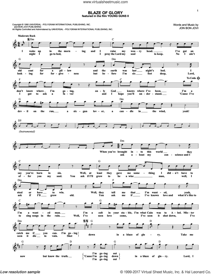 Blaze Of Glory sheet music for voice and other instruments (fake book) by Bon Jovi, intermediate skill level