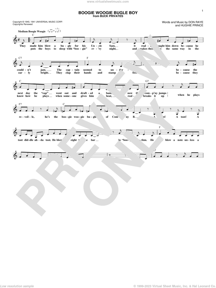 Boogie Woogie Bugle Boy sheet music for voice and other instruments (fake book) by Andrews Sisters, Bette Midler, Don Raye and Hughie Prince, intermediate skill level