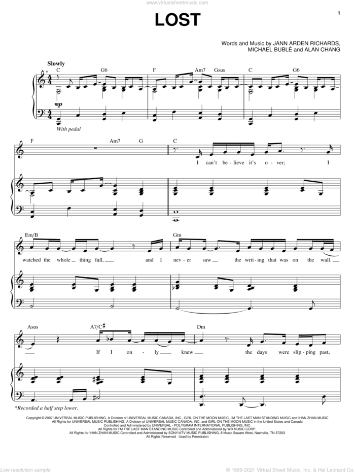 Lost sheet music for voice and piano by Michael Buble, Alan Chang and Jann Arden Richards, intermediate skill level