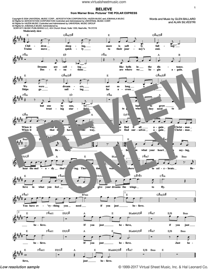 Believe (from The Polar Express) sheet music for voice and other instruments (fake book) by Josh Groban, Alan Silvestri and Glen Ballard, intermediate skill level