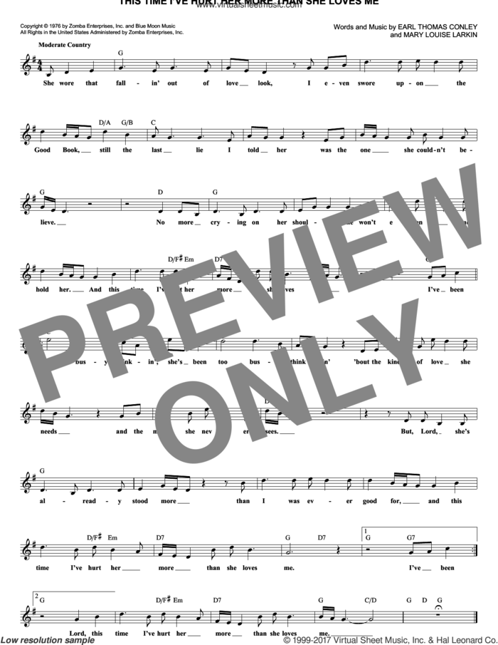 This Time I've Hurt Her More Than She Loves Me sheet music for voice and other instruments (fake book) by Conway Twitty, Earl Thomas Conley and Mary Louise Larkin, intermediate skill level