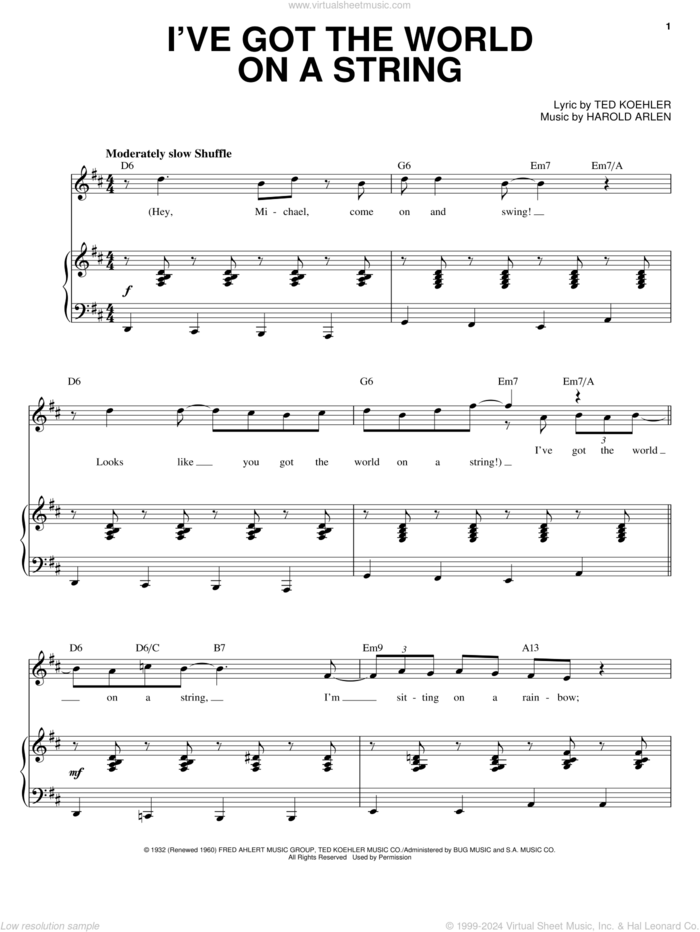 I've Got The World On A String sheet music for voice and piano by Michael Buble, Harold Arlen and Ted Koehler, intermediate skill level