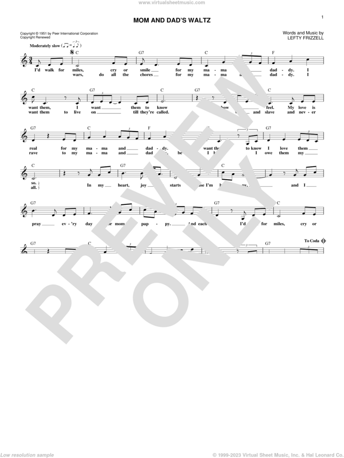 Mom And Dad's Waltz sheet music for voice and other instruments (fake book) by Lefty Frizzell, intermediate skill level